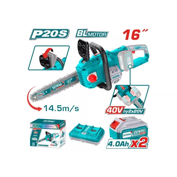 Շղթայավոր սղոց մարտկոցային 40Վ (2x20Վ) 400մմ (2 մարտկոցով, լիցքավորիչով) TOTAL TGSLI401682 Շղթայավոր սղոց մարտկոցային 40Վ (2x20Վ) 400մմ (2 մարտկոցով, լիցքավորիչով) TOTAL TGSLI401682