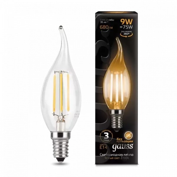 Gauss լամպ E14 Black մոմ (ծիծակ) 9W 2700К 680Lm Filament 1/10/50