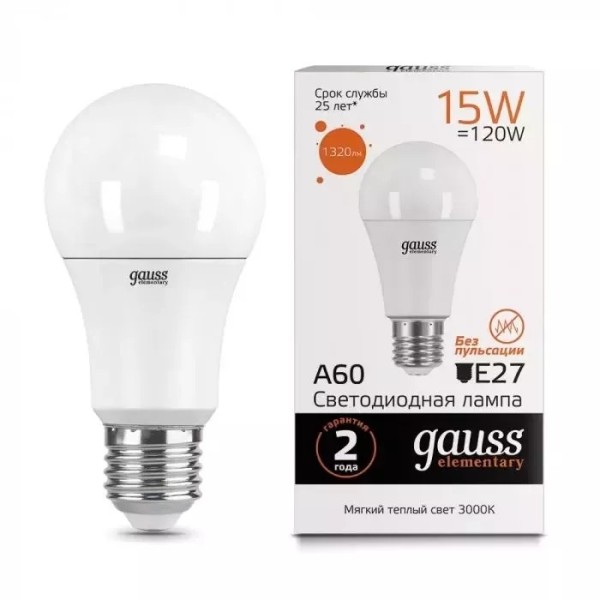 Gauss լամպ E27 Elementary A60 15W 3000K 1320Lm 1/10/50