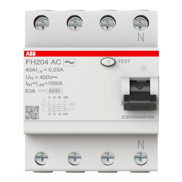 RCD (մնացորդային հոսանքի անջատիչ) ABB FH204 AC-40/0.03, 4P, 40 A, 30 mA, AC տեսակ