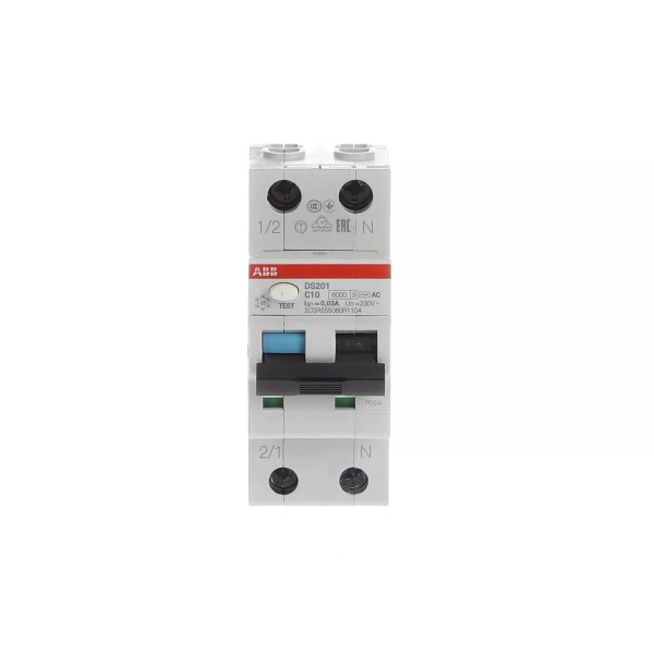 Մնացորդային հոսանքի անջատիչ (RCCB) ABB DS201 C10 AC30, 1P+N, 10 A, բնութագրական C, 30 mA, AC տեսակ