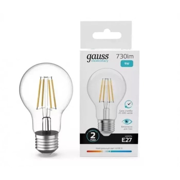 Gauss լամպ E27 Elementary A60 9W 4100К 730Lm Filament 1/10/50