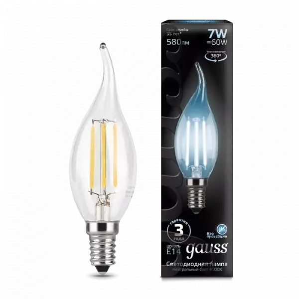 Gauss լամպ E14 Black մոմ (ծիծակ) 7W 4100К 580Lm Filament 1/10/50