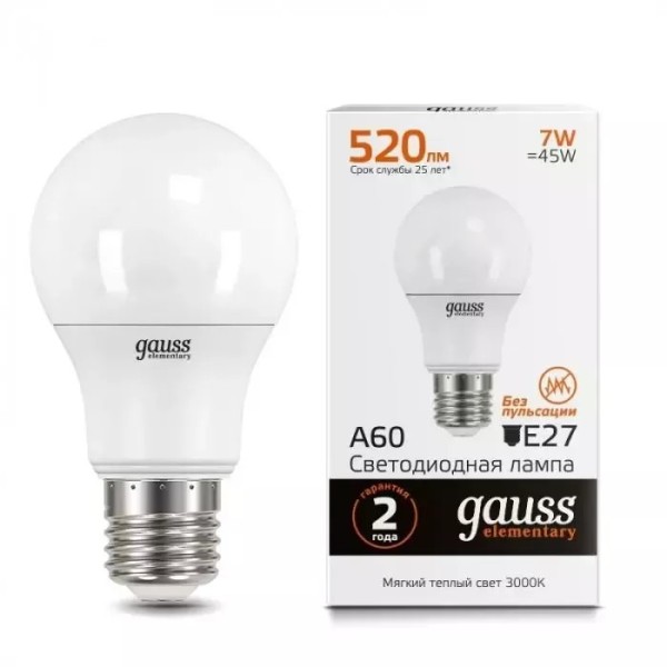 Gauss լամպ E27 Elementary A60 7W 3000K 520Lm 1/10/50 Gauss լամպ E27 Elementary A60 7W 3000K 520Lm 1/10/50