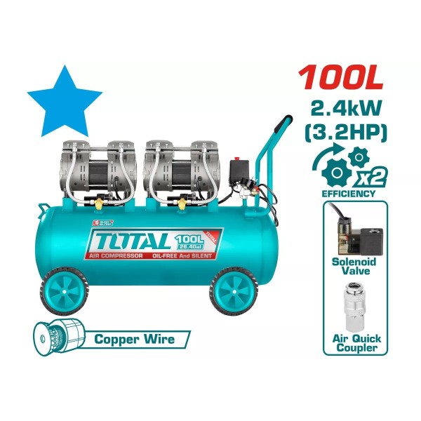 Կոմպրեսոր TOTAL TCS2241008 (100լ, 2x1200Վտ, 220լ/ր, 8բար)