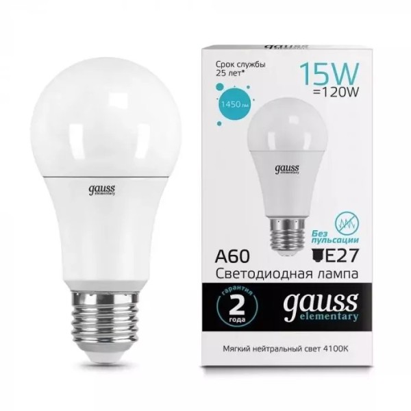 Gauss լամպ E27 Elementary A60 15W 4100K 1450Lm 1/10/50 Gauss լամպ E27 Elementary A60 15W 4100K 1450Lm 1/10/50
