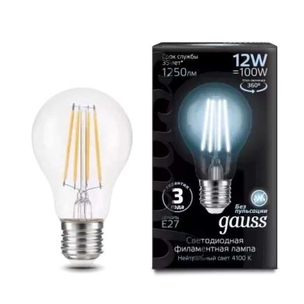 Gauss լամպ E27 Black A60 12W 4100К 1250Lm Filament 1/10/40