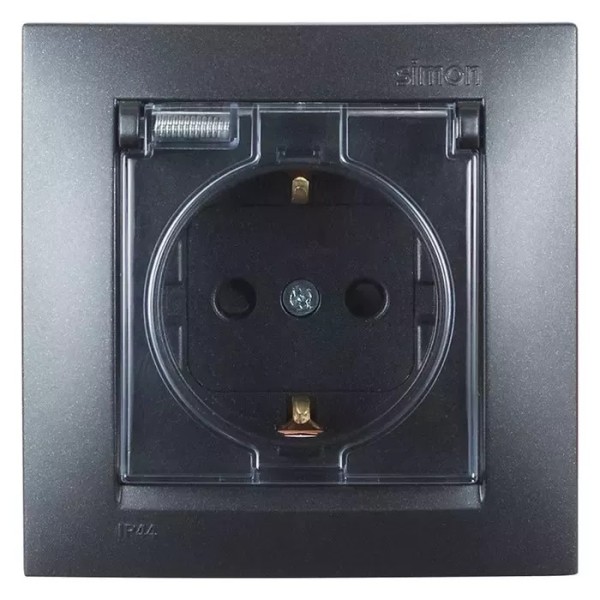 Simon15 վարդակ հողանցումով կափարիչով 16A IP44 սև (1/18)