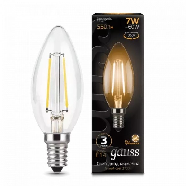 Gauss լամպ E14 Black մոմ 7W 2700К 550Lm Filament 1/10/50
