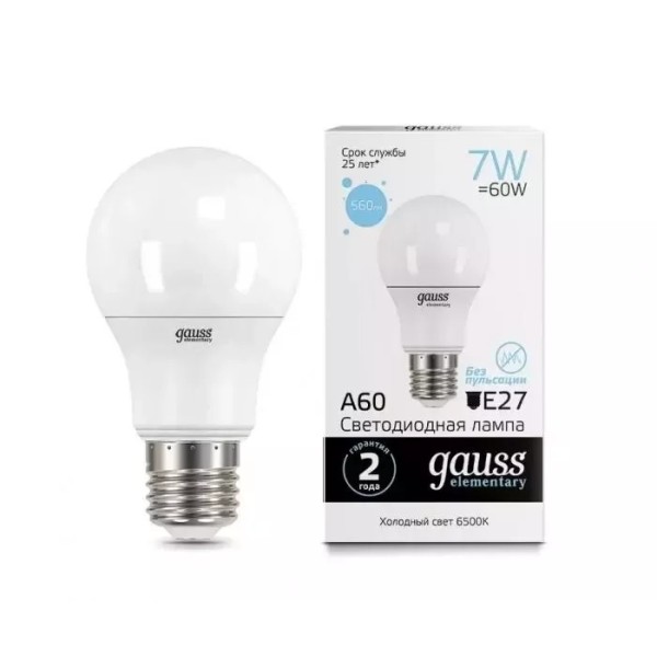 Gauss լամպ E27 Elementary A60 7W 6500K 560Lm 1/10/100 Gauss լամպ E27 Elementary A60 7W 6500K 560Lm 1/10/100
