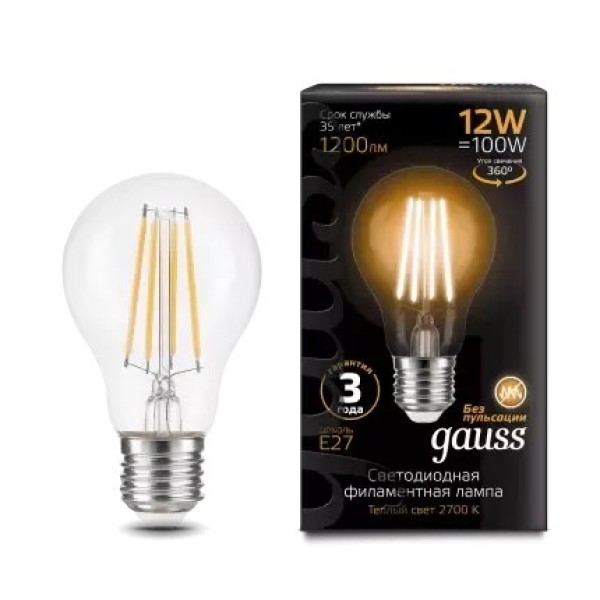 Gauss լամպ E27 Black A60 12W 2700К 1200Lm Filament 1/10/40
