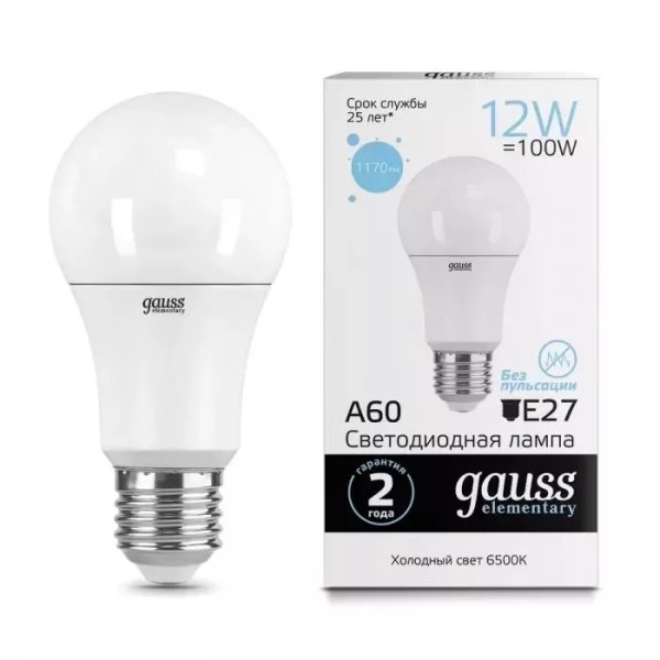 Gauss լամպ E27 Elementary A60 12W 6500K 1170Lm 1/10/50