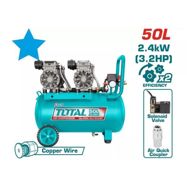 Կոմպրեսոր TOTAL TCS2240508 (50լ, 2x1200Վտ, 220լ/ր, 8բար)