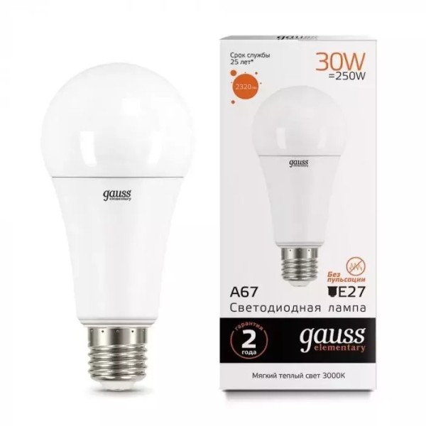 Gauss լամպ E27 Elementary A67 30W 3000K 2320Lm 1/10/50