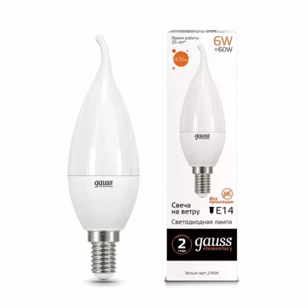 Gauss լամպ E14 Elementary մոմ (ծիծակ) 6W 3000K 420Lm 1/10/50