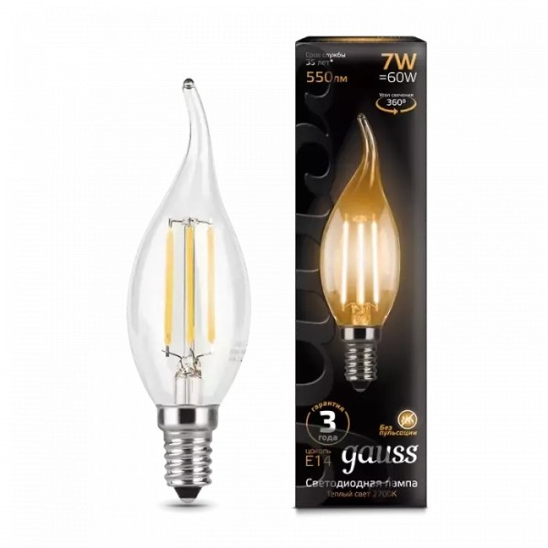 Gauss լամպ E14 Black մոմ (ծիծակ) 7W 2700К 550Lm Filament 1/10/50
