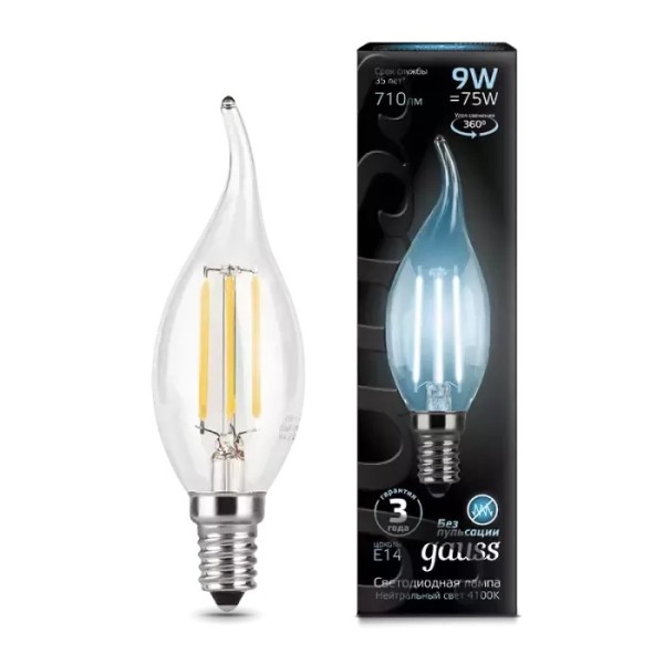 Gauss լամպ E14 Black մոմ (ծիծակ) 9W 4100К 710Lm Filament 1/10/50