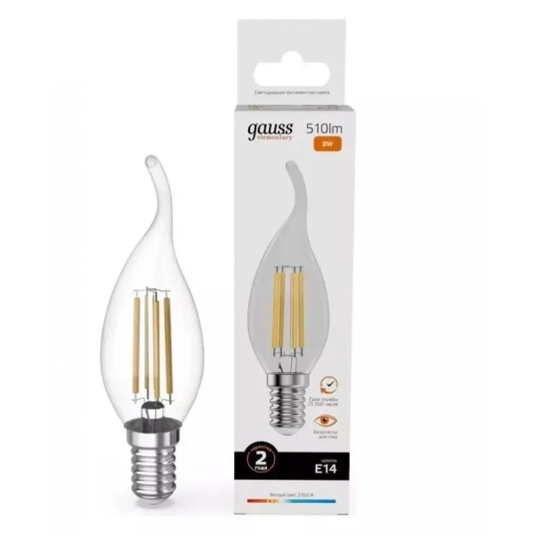 Gauss լամպ E14 Elementary մոմ ծիծակ 8W 2700К 510Lm Filament 1/10/100