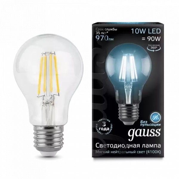 Gauss լամպ E27 Black A60 10W 4100К 970Lm Filament 1/10/40