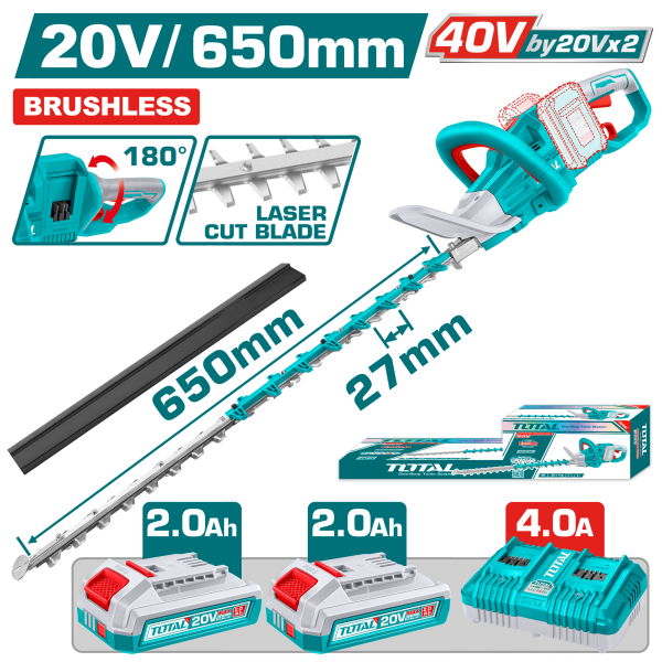 Թուփ էտող գործիք մարտկոցային 40Վ (2x20Վ) 650մմ (2 մարտկոցով, լիցքավորիչով) TOTAL THTLI400282